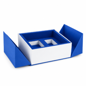 Custom two-door magnetic gift box in royal blue with magnetic closure and removable inner tray for cosmetics